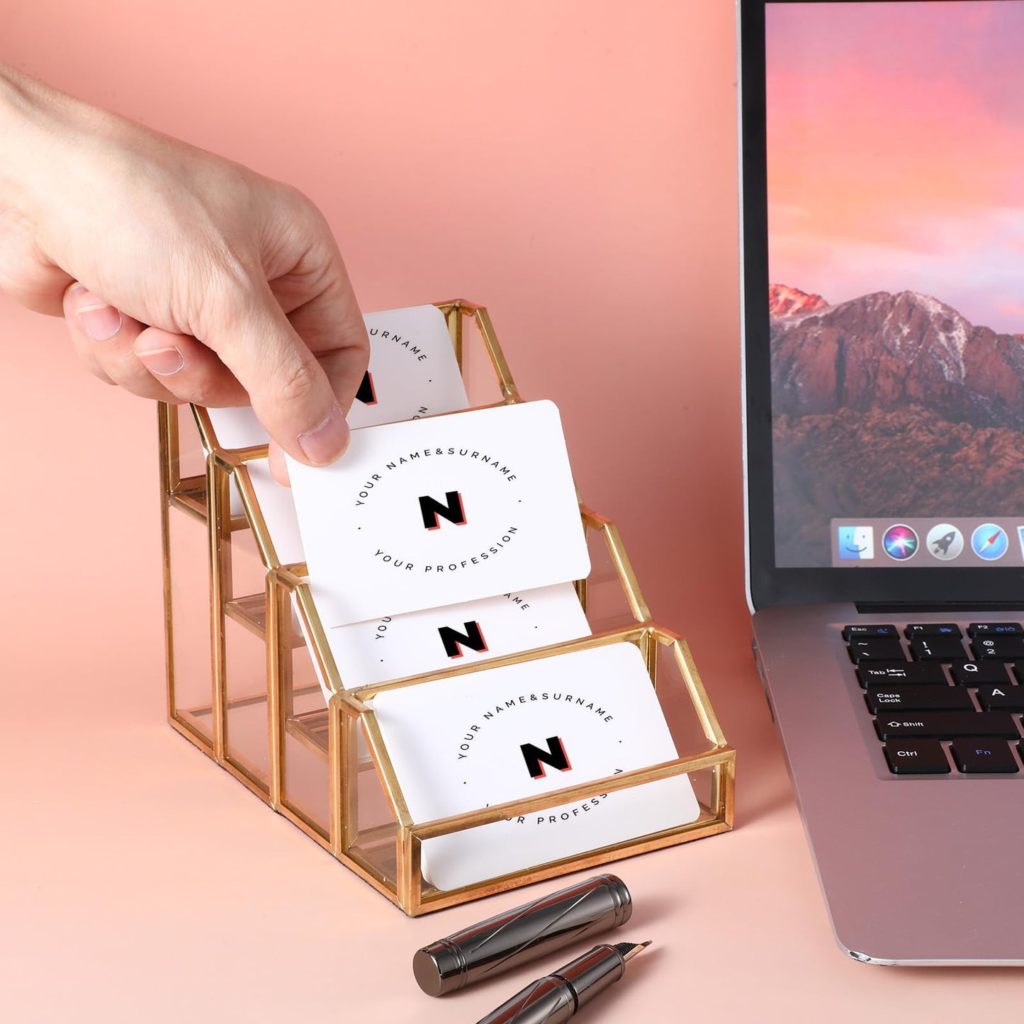 AojSup 4 Slots Glass Business Card Stands for Display, Desktop Business Card Holder with Gold Metal Frame, Clear Name Cards Organizer for Office, Exhibition, and Meetings (4.13" L x 5.9" W x 4.72" H)