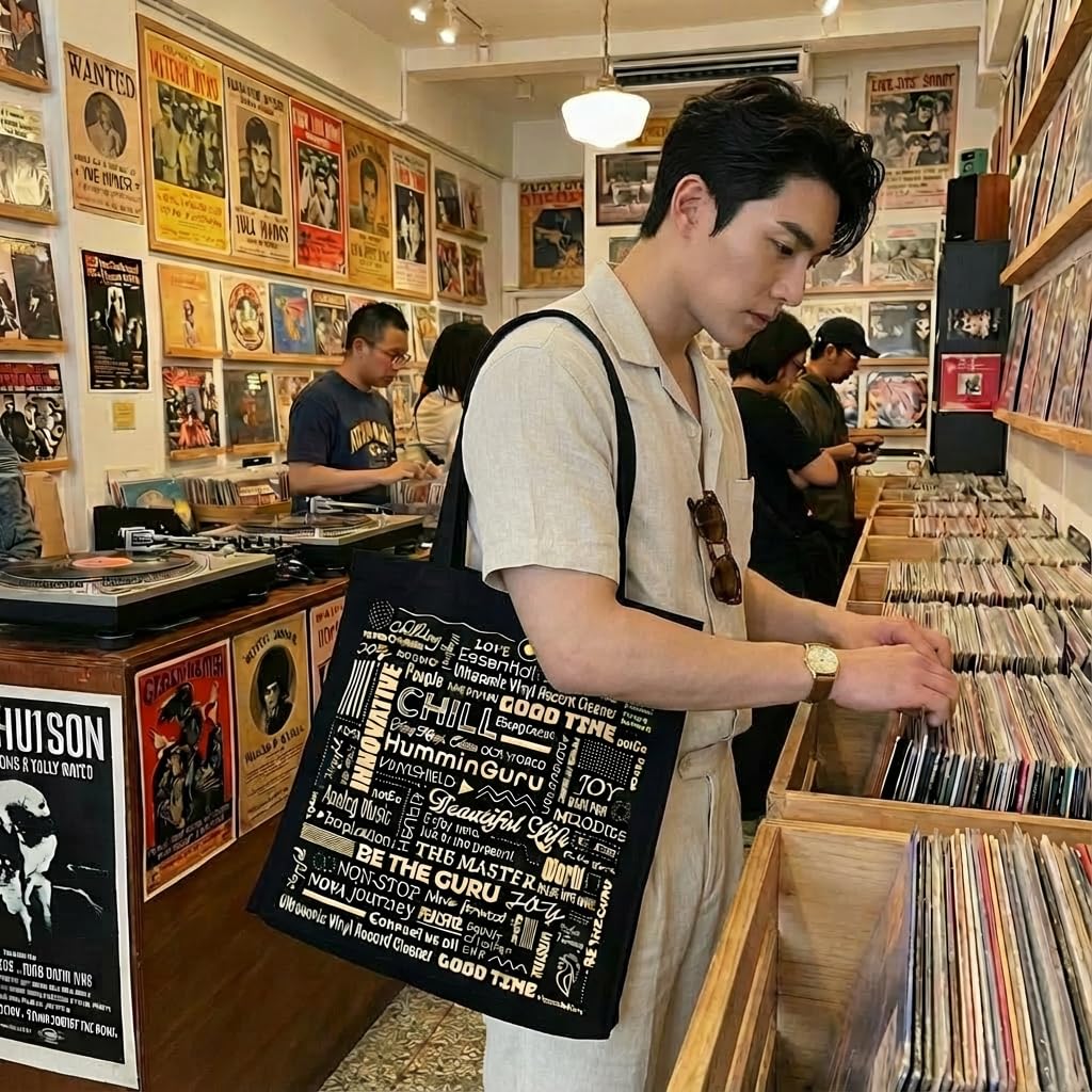 HumminGuru Heavy-Duty Vinyl Record Tote Bag | 16oz Premium Cotton Canvas LP Carrier | Holds 30+ Albums, 17” Laptop & Accessories | Ergonomic Shoulder Strap for Digging & Travel