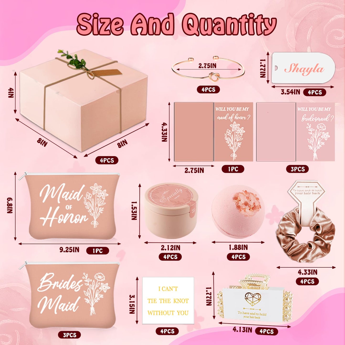 49pcs Bridesmaid Gifts Set Of 4 Pink， Maid of Honor Proposal Box Gift,Scented Candle Salt Ball Makeup Bag Rectangular Hair Clip Bridesmaids Scrunchies Knot Bracelet Bridal Shower Wedding Party