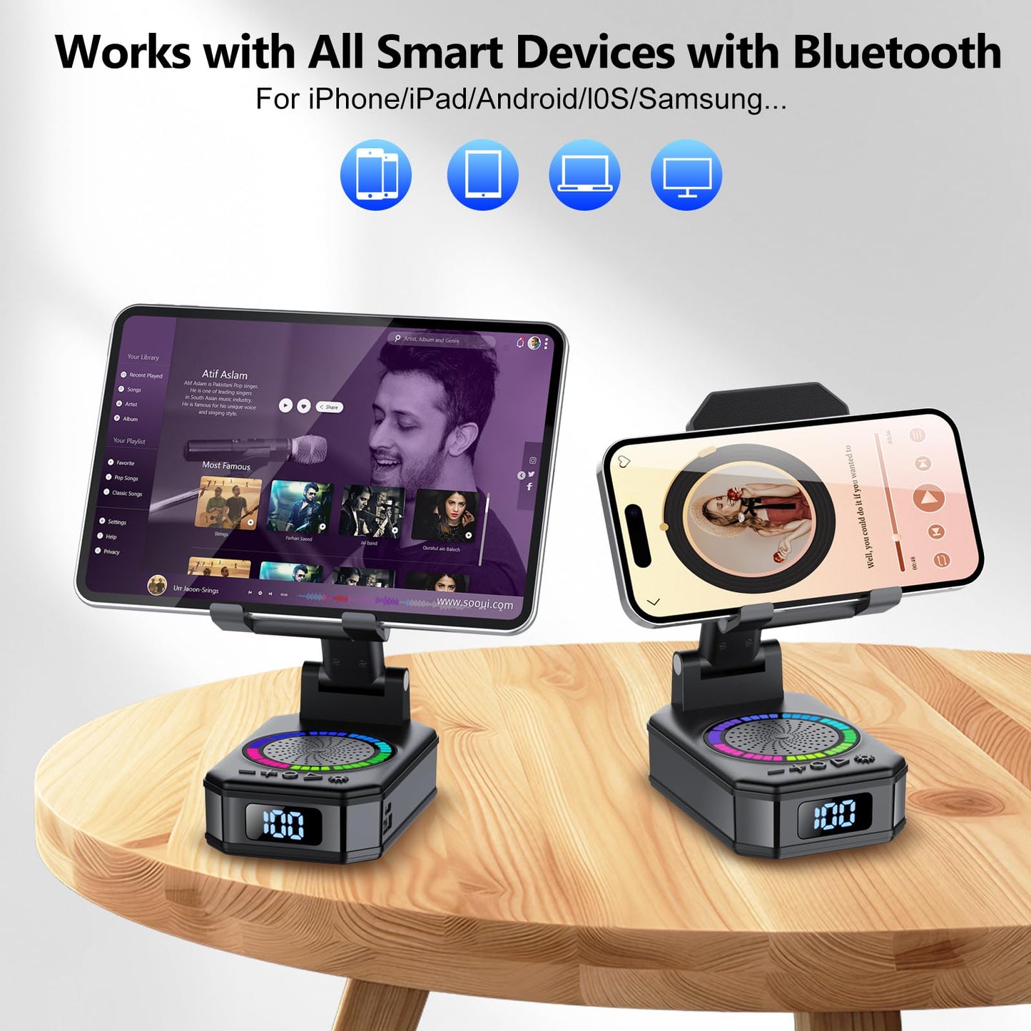 buwy Gifts for Men Women, Cell Phone Stand with Wireless Bluetooth Speaker, Colorful LED Lights, Anti-Slip Base HD Surround Sound, Rechargeable (3000mAh), for Teens, Men, Women for Christmas