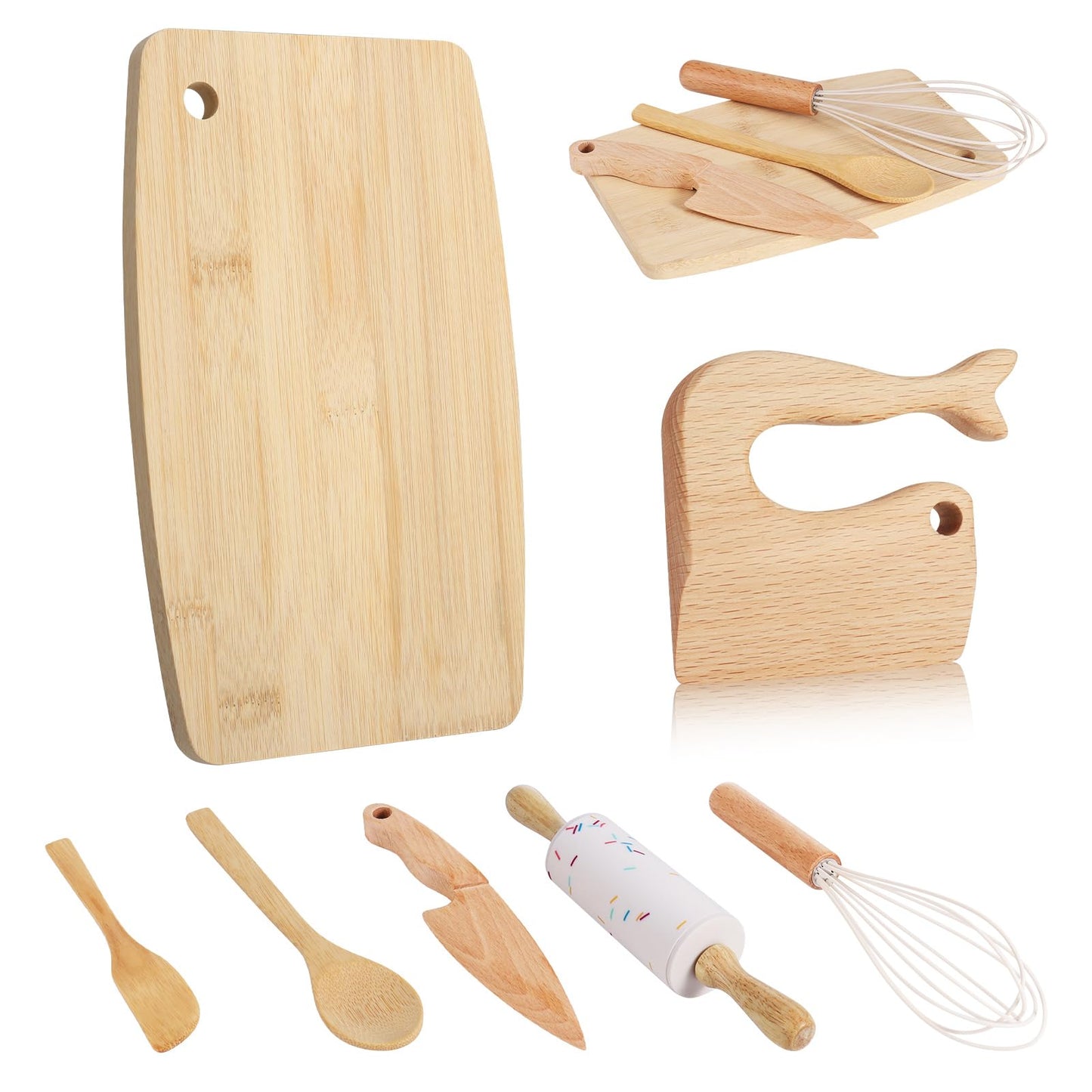 HEQU 7 Pieces Wooden Kids Knife Toddler Knife Set Toddler Cutting Board And Knife Set for Real Cooking Kitchen Tools for Toddlers for Cutting Veggies Fruits Salad Cake