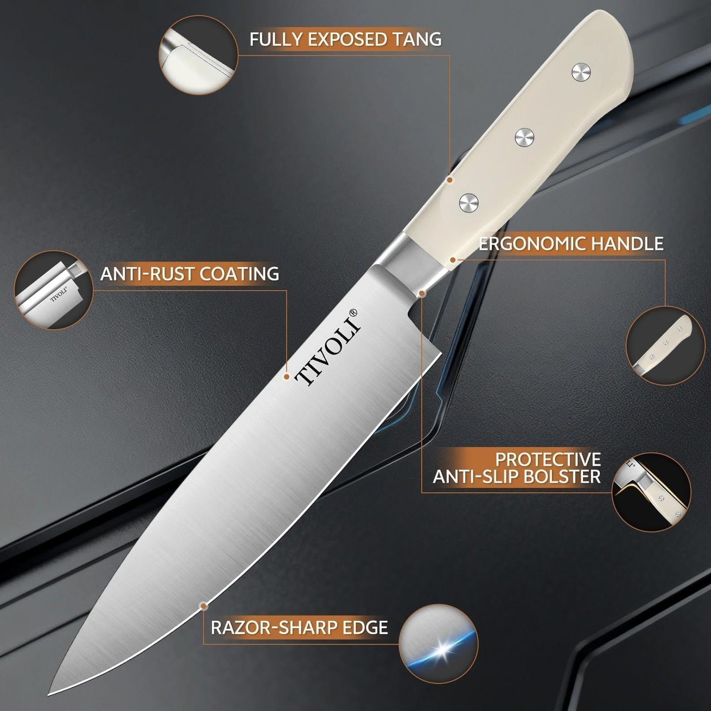 TIVOLI 15 Pieces Knife Set with Block, Forged, High Carbon Stainless Steel Sharp Blade Kitchen Knife Block Set with Ergonomic Wood Handle, Dishwasher Safe Cutlery, Gifts For Cooks, Cream White