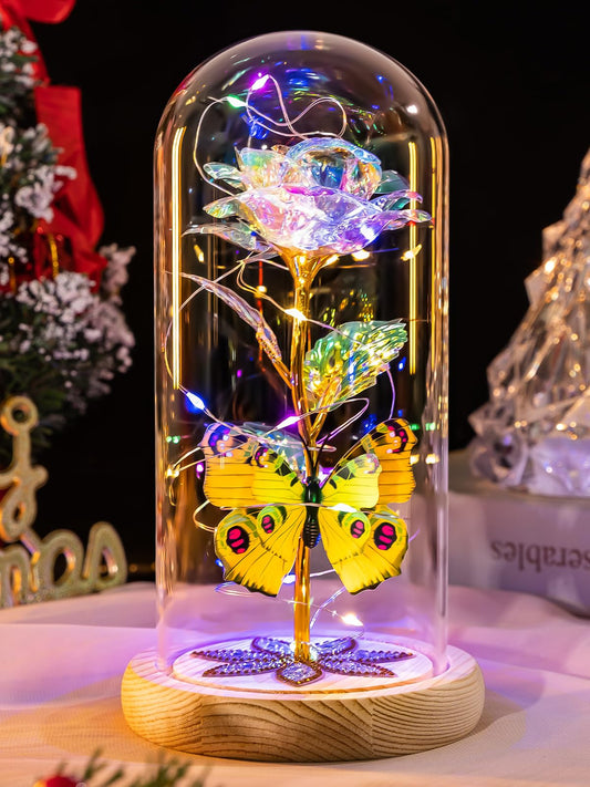 Beferr Birthday Gifts for Women Galaxy Glass Rose Forever Preserved Flowers for Delivery Light Up Rose in Glass Dome Mothers Day Butterfly Gifts for Mom Wife Grandma Her Daughter Girlfriend