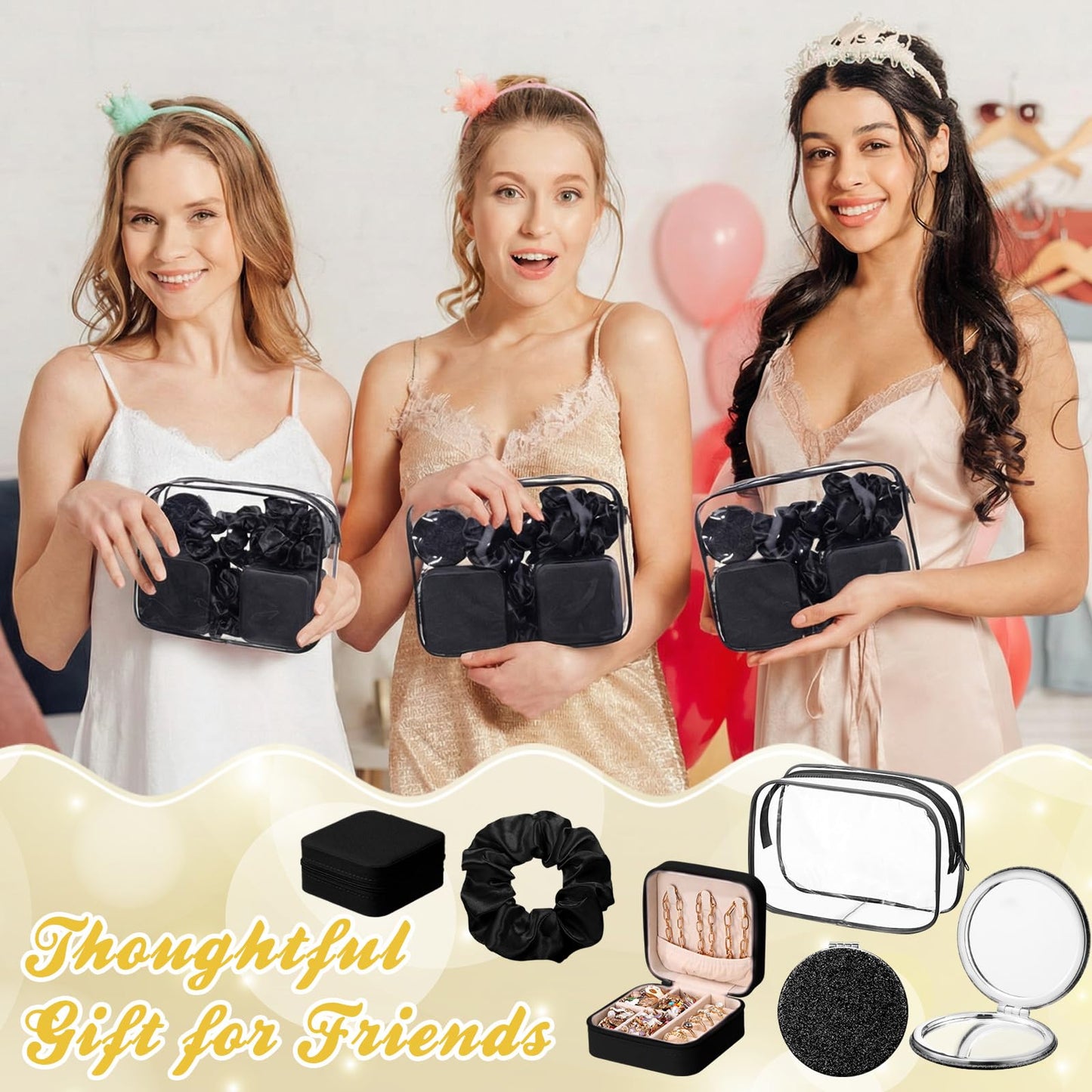 Yalikop 24 Pcs Spa Party Favor 6 Jewelry Boxes 6 Scrunchies 6 Glitter Mirrors 6 Bag Gift for Mother's Day Bridal Bachelorette Party (Black)