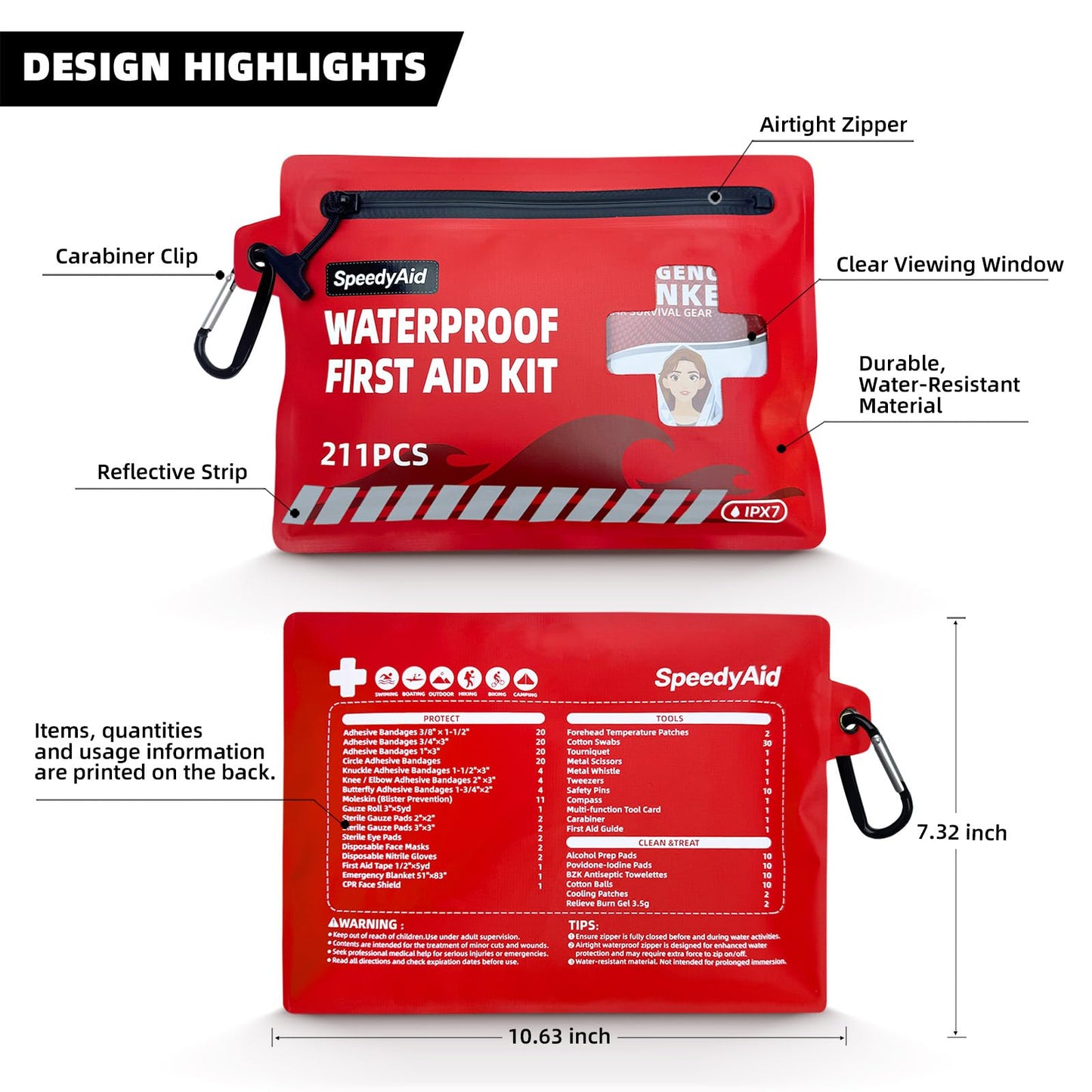 211 PCS Waterproof First Aid Kit, IPX7 Rated Dry Bag with Airtight Zipper, Portable Emergency Medical Supplies for Hiking, Boating, Swimming, Camping & Outdoor Activities