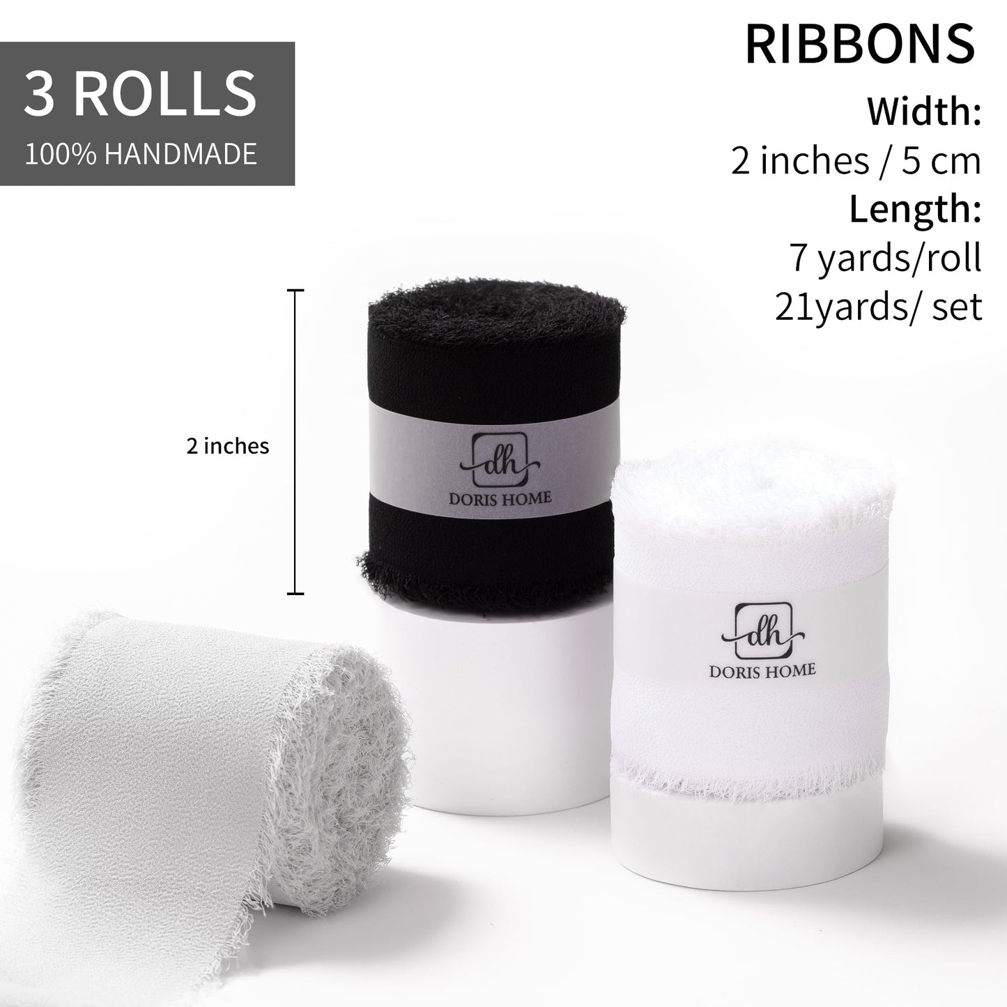 DORIS HOME 2" x21Yd Chiffon Ribbon for Flower Bouquet, Black & White Fabric Ribbon for Gift Wrapping, Handmade Frayed Ribbon for Wedding Christmas Decorations