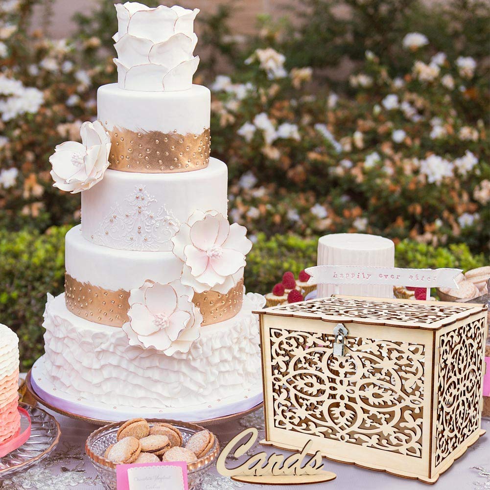 Funyear DIY Rustic Wedding Card Box with Lock, Wooden Gift Card Box Holder Graduation Card Box Money Box for Wedding Reception Deco, Baby Showers, Birthday Party Decorations