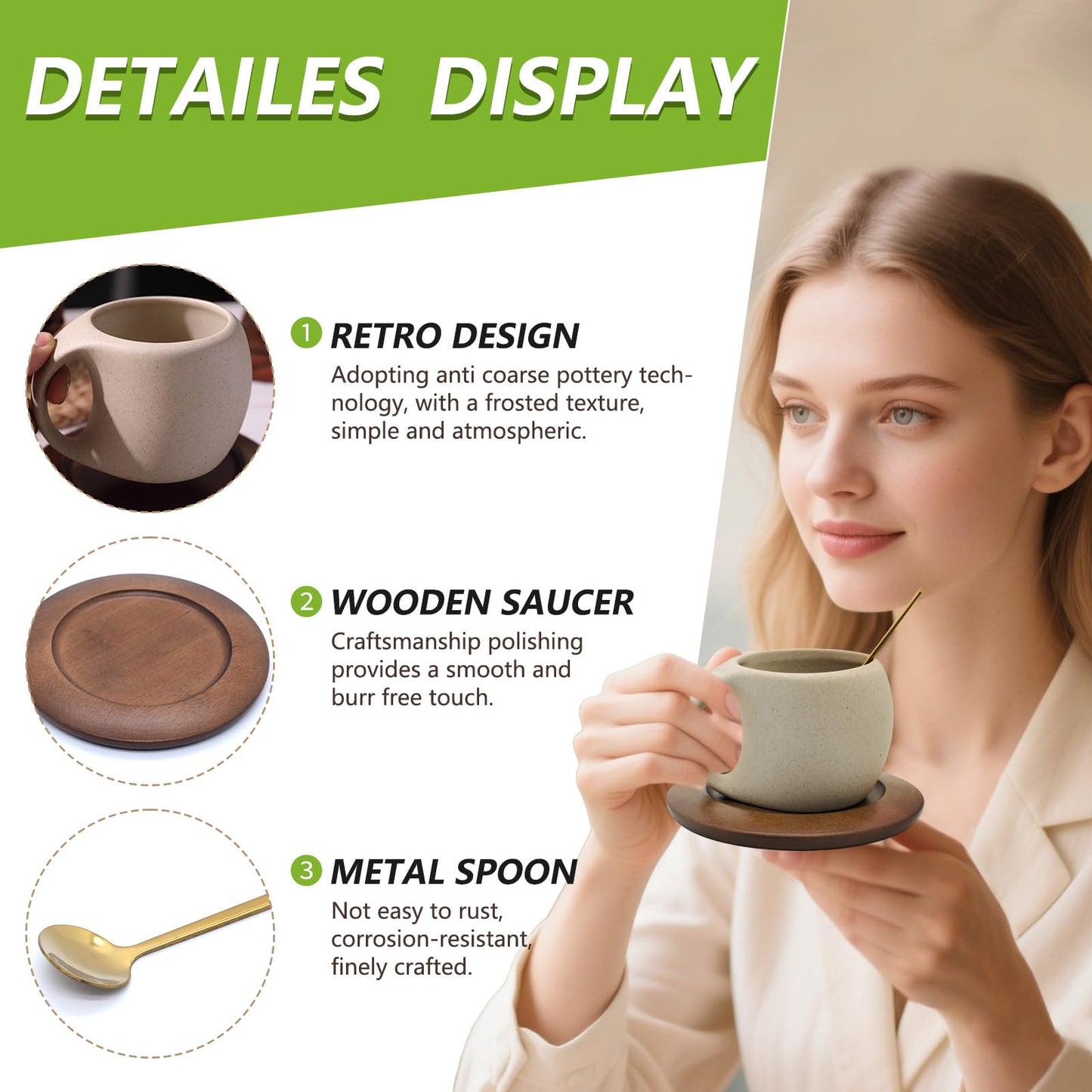 Ceramic Coffee Mug Set with Natural Wood Saucer & Spoon - 8.5 Oz Elegant Tea Cups for Latte, Hot Tea, Cappuccino, Milk - Microwave & Dishwasher Safe Cups for Men Women Birthday Christmas Gifts