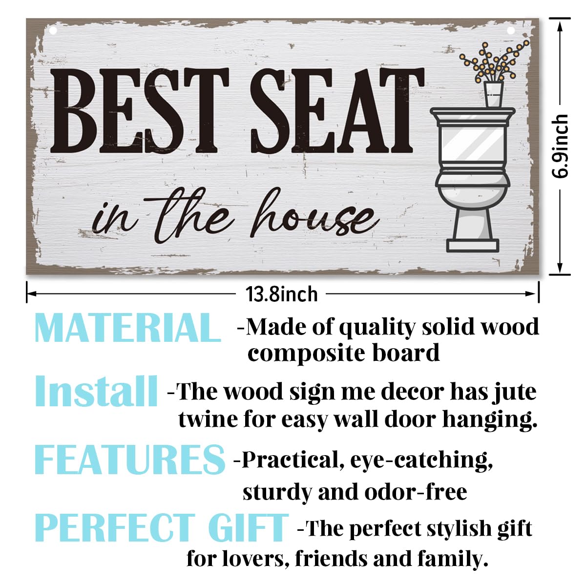 Funny Bathroom Sign Decor, Best Seat in the House Toilet Decoration, Rustic Farmhouse Toilet Wall Hanging Plaque, Bathroom Decoration with Rope Hanging 13.8 * 6.9 Inches