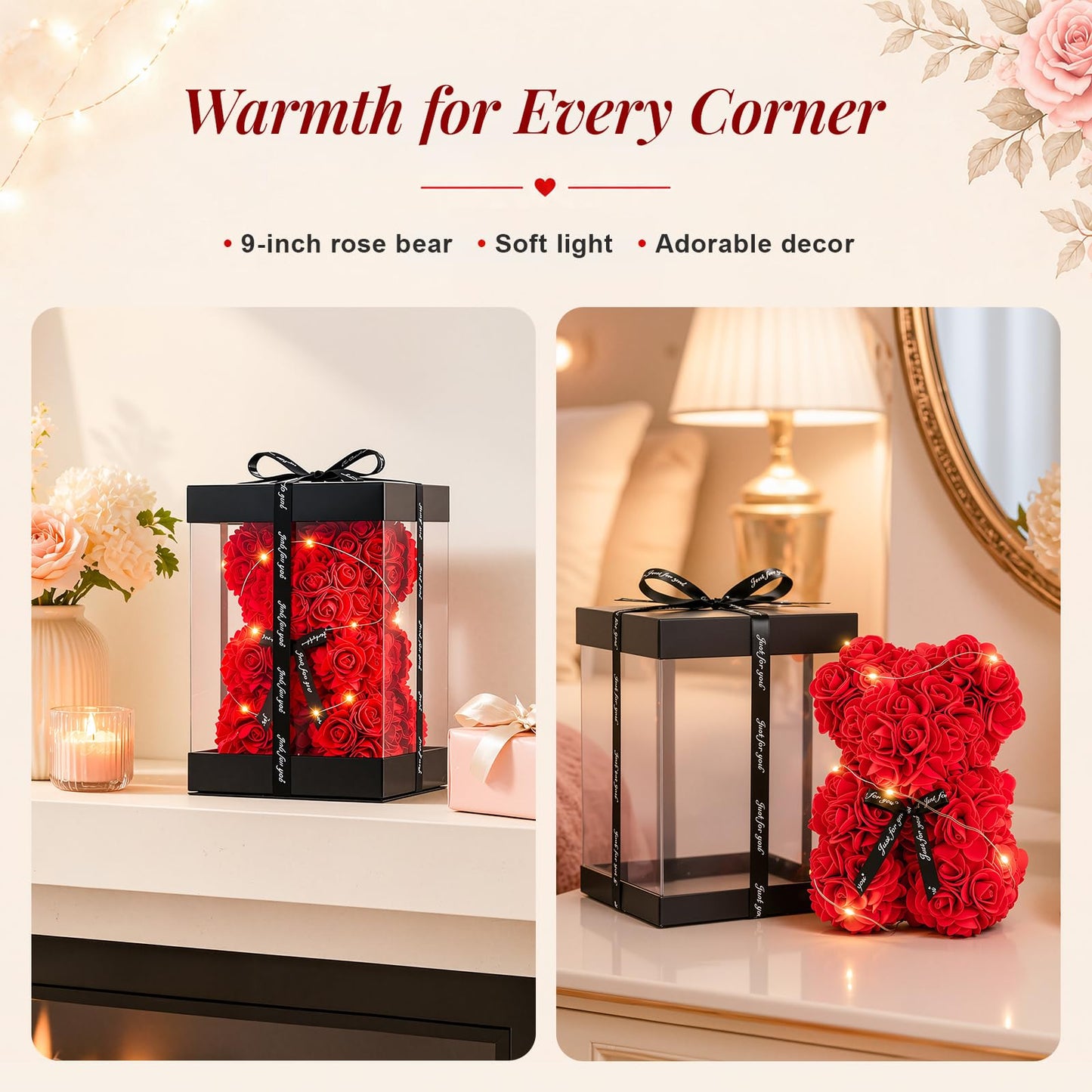 Otlonpe Bear Rose Flowers Light Up, Mothers Day Bear Gifts for Mom, Women Gifts Home Decorations for Christmas Valentines Mothers Day Birthday, for Her Mom Wife Girlfriend Daughter (Red)