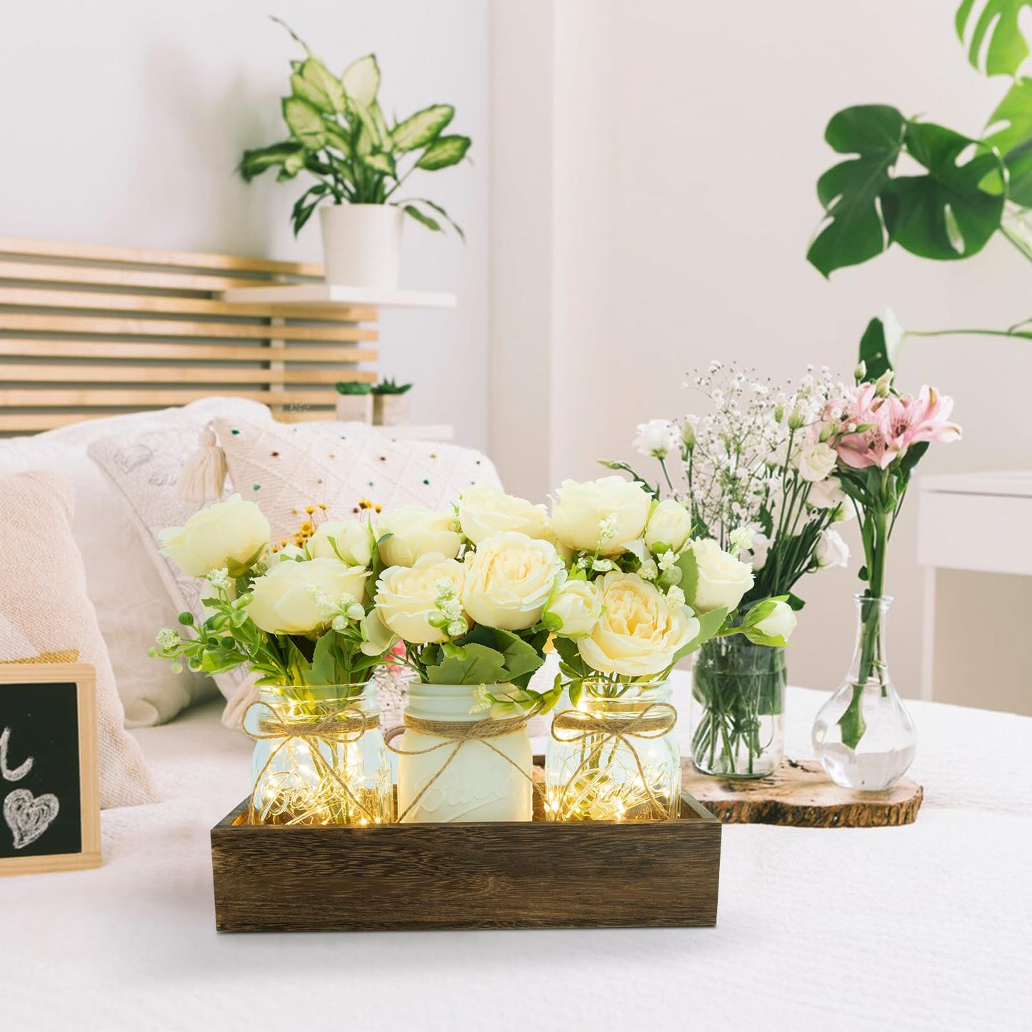 XXXFLOWER 3 Pcs Mason Jars Lights Fall Table Centerpieces - Birthday Gifts for Women Mom Wife,Indoor Decors for Farmhouse Coffee Table Dining Room Kitchen Wedding