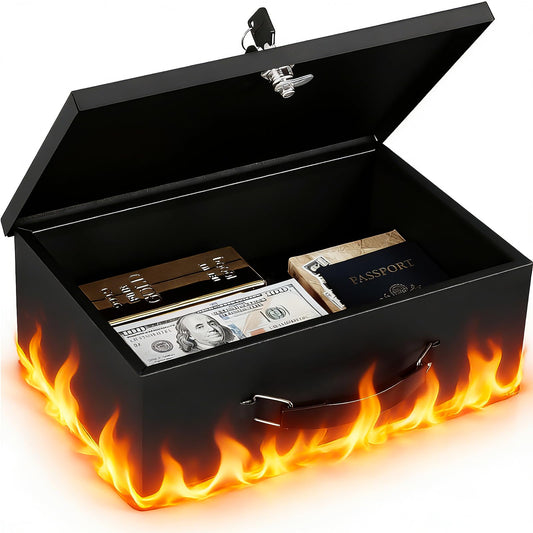 KYODOLED Fireproof Document Box with Key Lock, Small Lock Boxes for Personal Items, Fire and Water Resistance, Fireproof Safe Box for Documents, Jewelry, Passport, Cash, 12.6'' x 8.3'' x 4.3'' Black