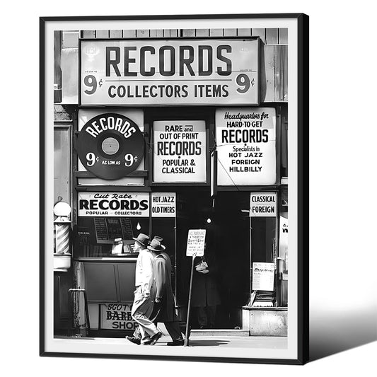 Fashion Black And White Photography Wall Art Vintage Preppy Record Shop Poster 12x16 inch Black Framed Retro Trendy Music Art Aesthetic Canvas Print for Music Lovers Gifts
