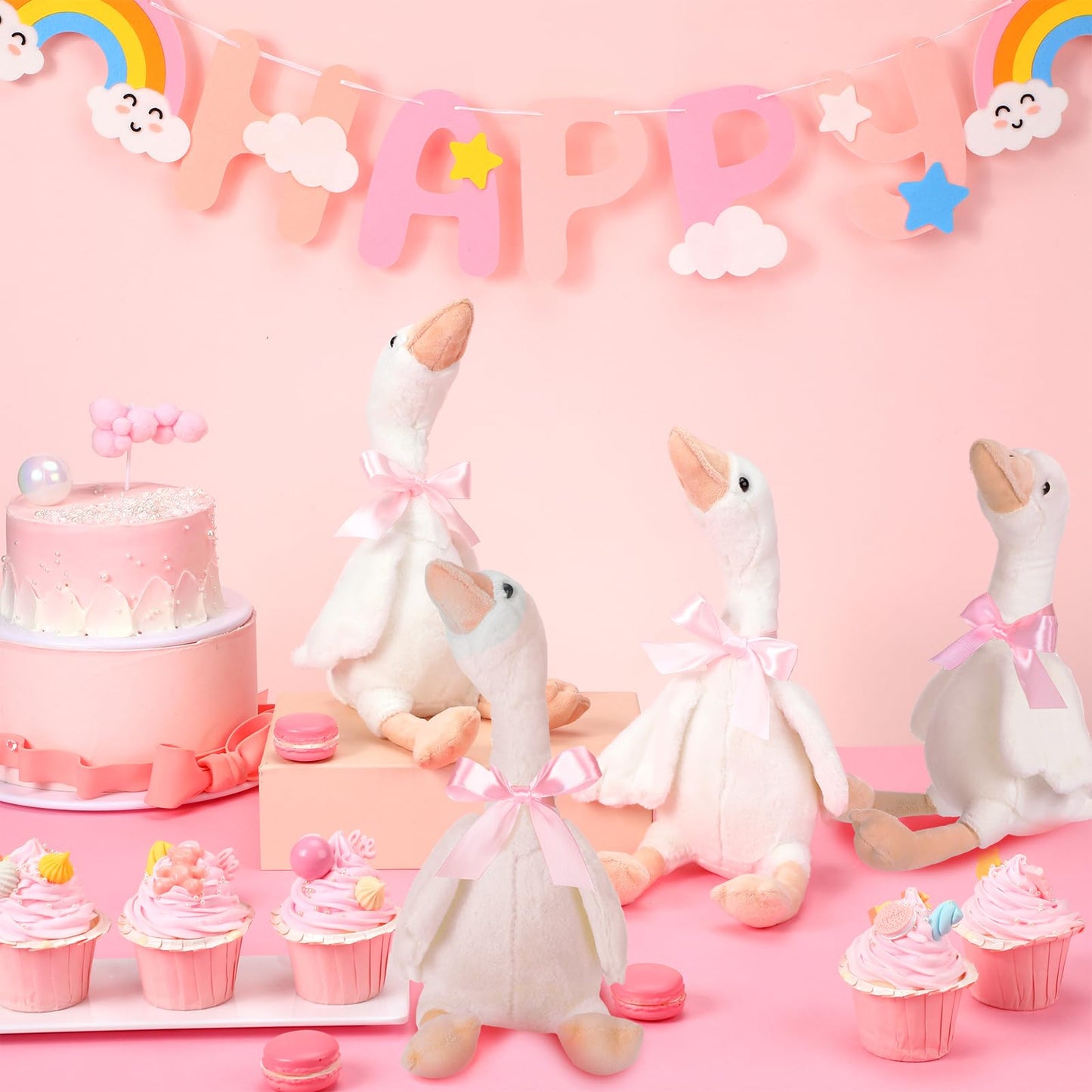 Chunful 6 Sets Pink One Silly Goose 1st Birthday Decoration 11.8 Inch Soft Goose Stuffed Animal Birthday Centerpieces Swan Stuffed Animal with Balloon Table Decor for Gifts
