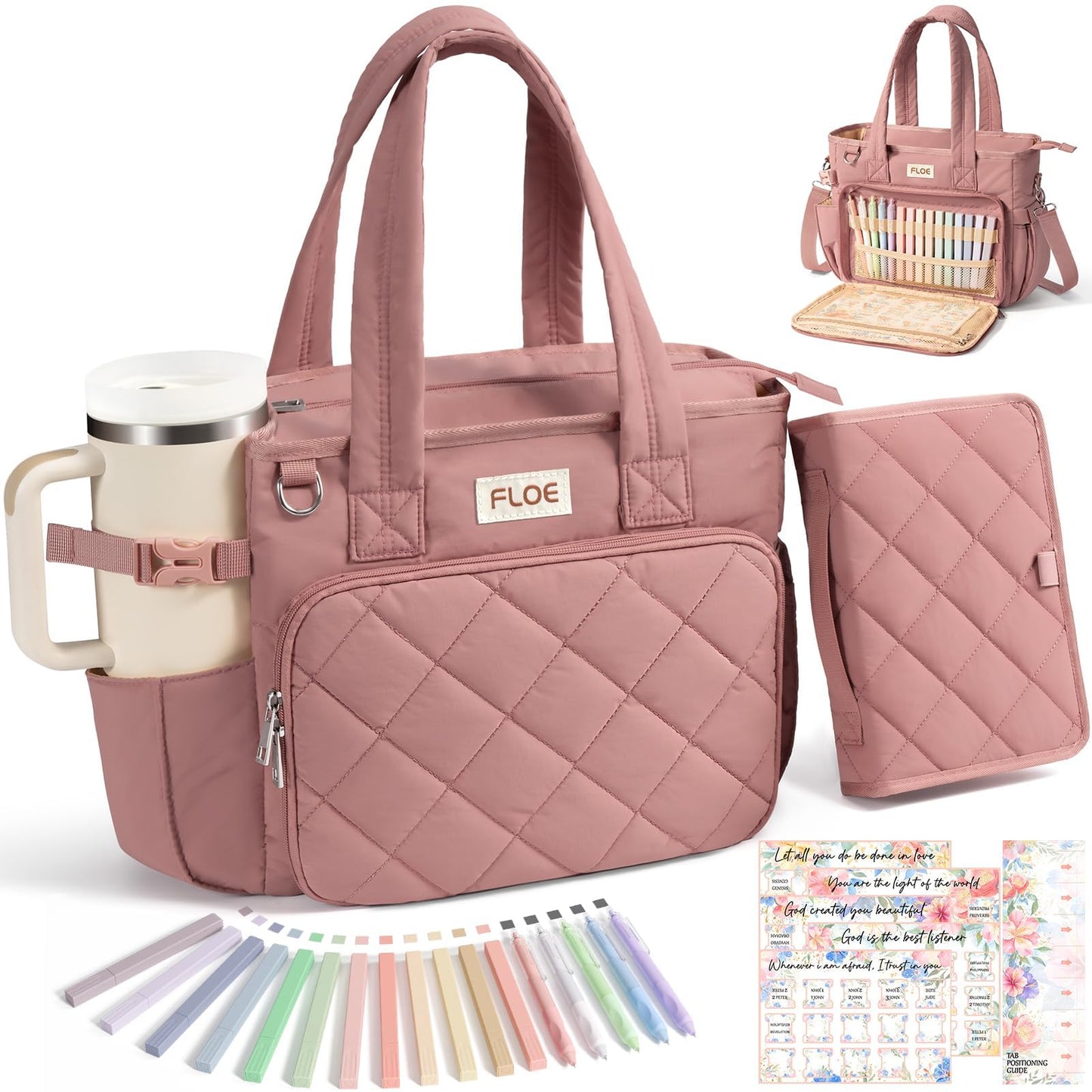 Large Bible Bag w/Bible Cover Case for Women, Puffer Bible Tote Bag Quilted Church Bag Book Carrying Case w/Shoulder Strap, Bible Study Supplies Journaling Kit Accessories Women Christian Easter Gift