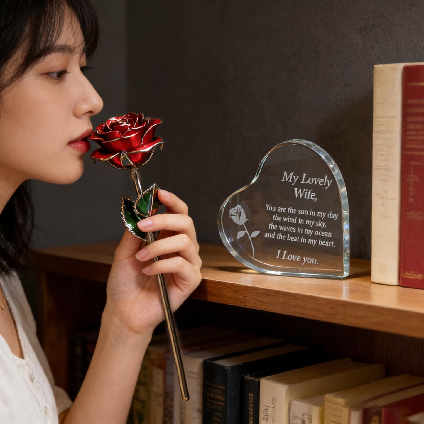 Zyphlux Anniversary|Birthday Gifts for Wife-Engraved Wooden Set'To My Wife' with Crystal Heart & 24k Gold Dipped Rose from Husband -Romantic Valentines Gifts Ideas for Her