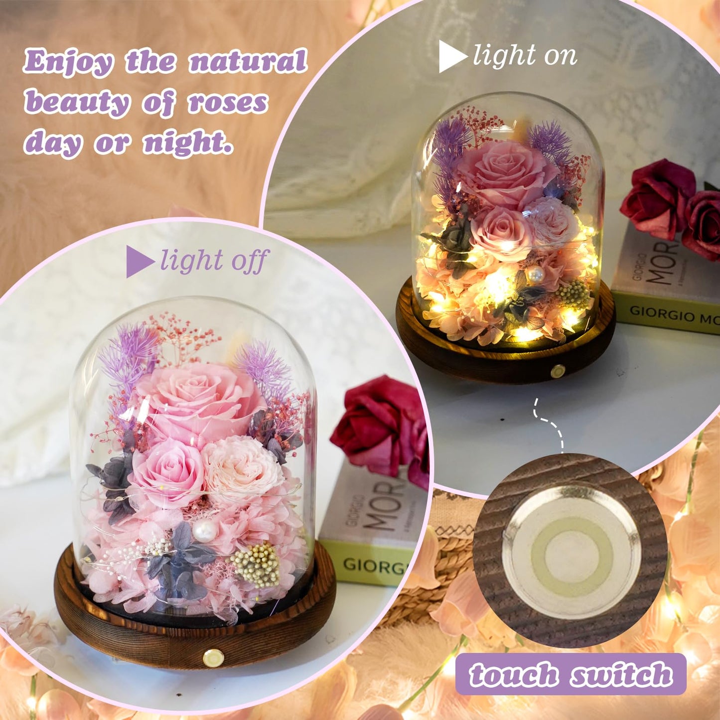 Large Preserved Flowers with Card&Box-Flowers for Delivery Prime,Eternal Rose with Lights,Roses in Glass Dome,Romantic Gift for Her,Decoration,Fresh Rose Flowers for Mom, Birthday, Anniversary (Pink)