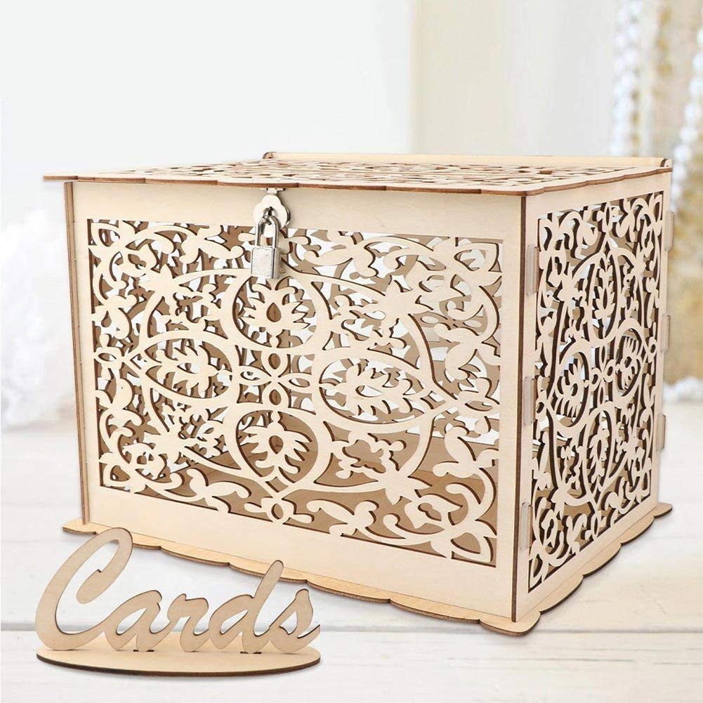 Funyear DIY Rustic Wedding Card Box with Lock, Wooden Gift Card Box Holder Graduation Card Box Money Box for Wedding Reception Deco, Baby Showers, Birthday Party Decorations