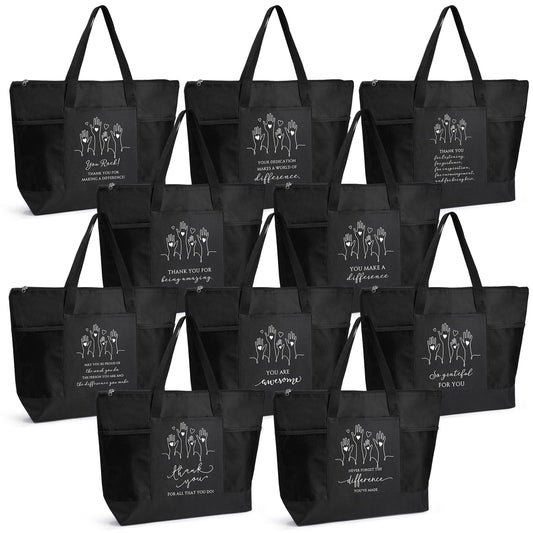 Paterr 10 Pcs Volunteer Appreciation Gifts Bulk Large Tote Bags with Zippered Mesh Pocket Inspirational Gift for Women Men(Black)