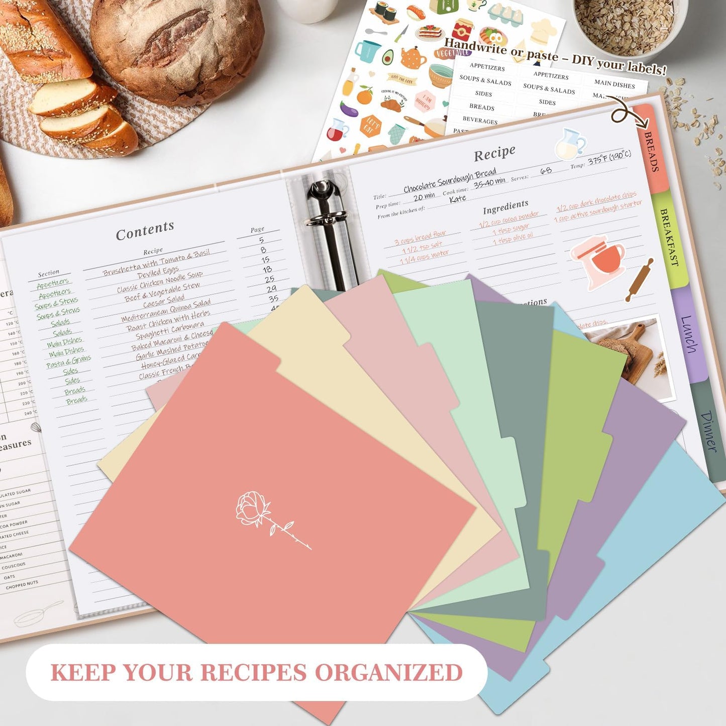 Lanpn Recipe Binder 8.5x11 3 Ring Kit, Waterproof Recipe Book Organizer Binder with 60 Plastic Sleeves,116 Recipes, Dividers,Labels & Stickers, Blank Recipe Binder to Write in Your Own Recipes, Oat