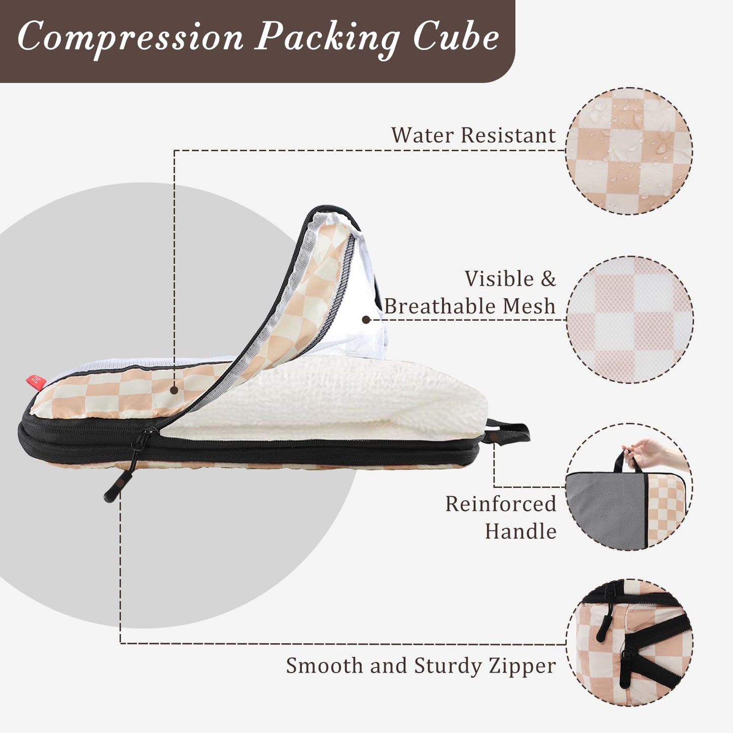 U+U 10 Set Compression Packing Cubes - Ultralight Travel Organizers with Laundry Bag and Cosmetic Bag, Space-Saving Suitcase Organizer for Travel, Business Trip and Family Vacation (Khaki Checkered)