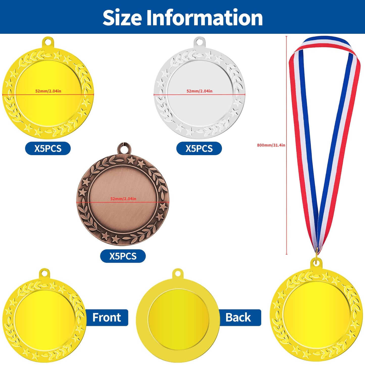 Waltool 15Pcs 1st 2nd 3rd Blank Award Medals with Neck Ribbons, Gold Silver Bronze Winner Participation Trophy Metal Prize Gift Your Own Medals Kit for Competitions Sports Meetings Party