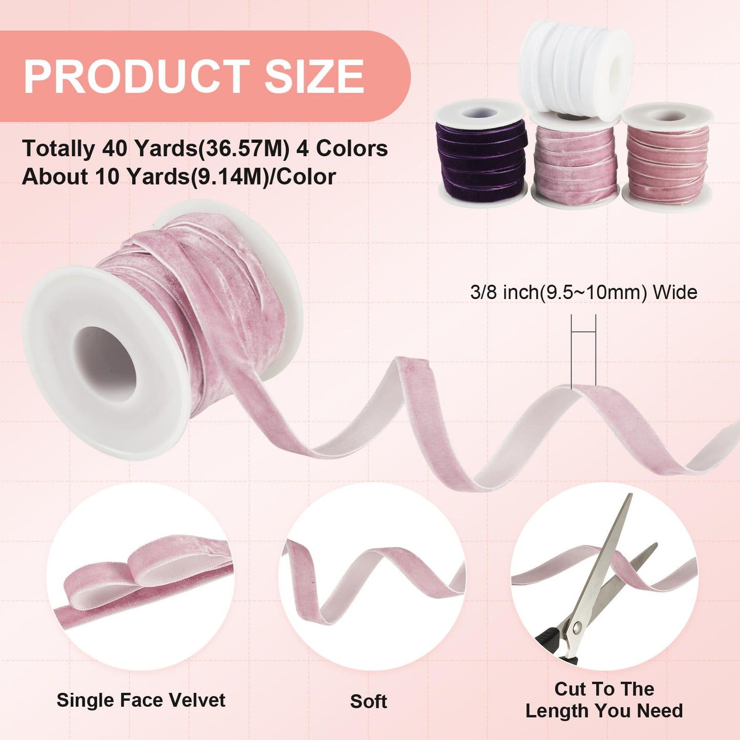 Craftora 40 Yards White Purple Velvet Ribbon 3/8 inch Single Face Velvet Ribbon with Spools for Christmas Ornaments Tree Home Decor Gift Wrapping DIY Crafts - Dark Purple