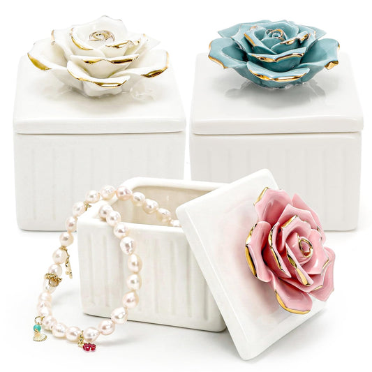 ZOOFOX 3 Pack Vintage Jewelry Box, Small Elegant Embossed Jewelry Holder with Lid and Rose-Shaped Knob, Ceramic Trinket Organizer for Women, Ring, Earrings, Necklace