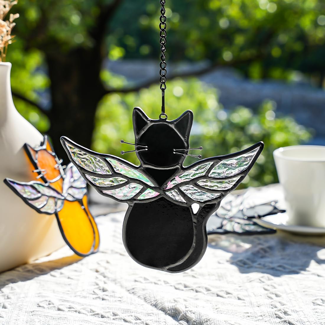 HAOSUM Black Angel Cat Memorial Gifts for Cat Lover,Stained Glass Window Hanging,Angel Wing Black Cats Suncatcher Decor,Cats Death Sympathy Gifts for Women,Daughter,Mothers Day,Christmas