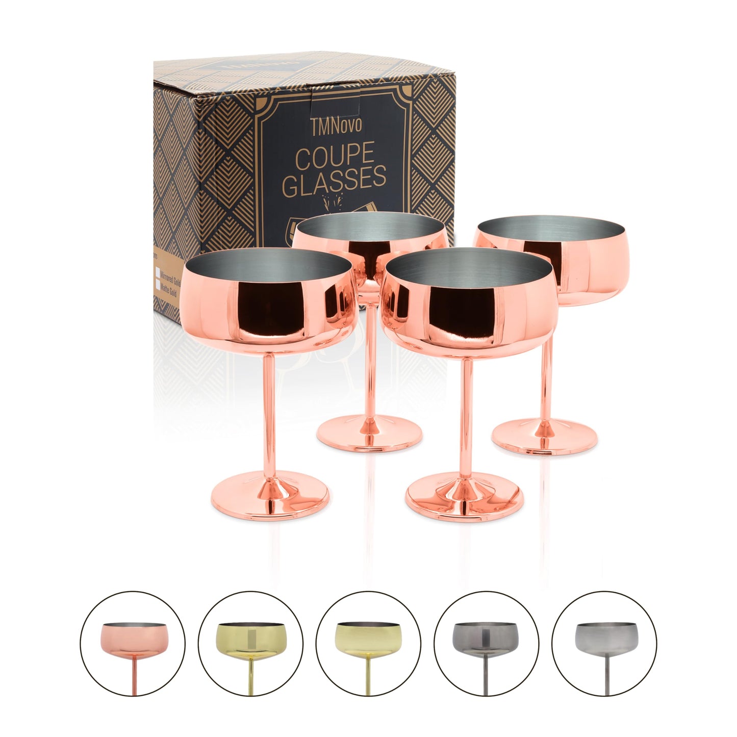 TMNOVO Cocktail Coupe Glasses, Espresso Martini Glasses Set of 4, Stainless Steel Champagne Cocktail Glasses & Mug Cups, 15 oz Mirrored Copper Martini Glass Gift Set
