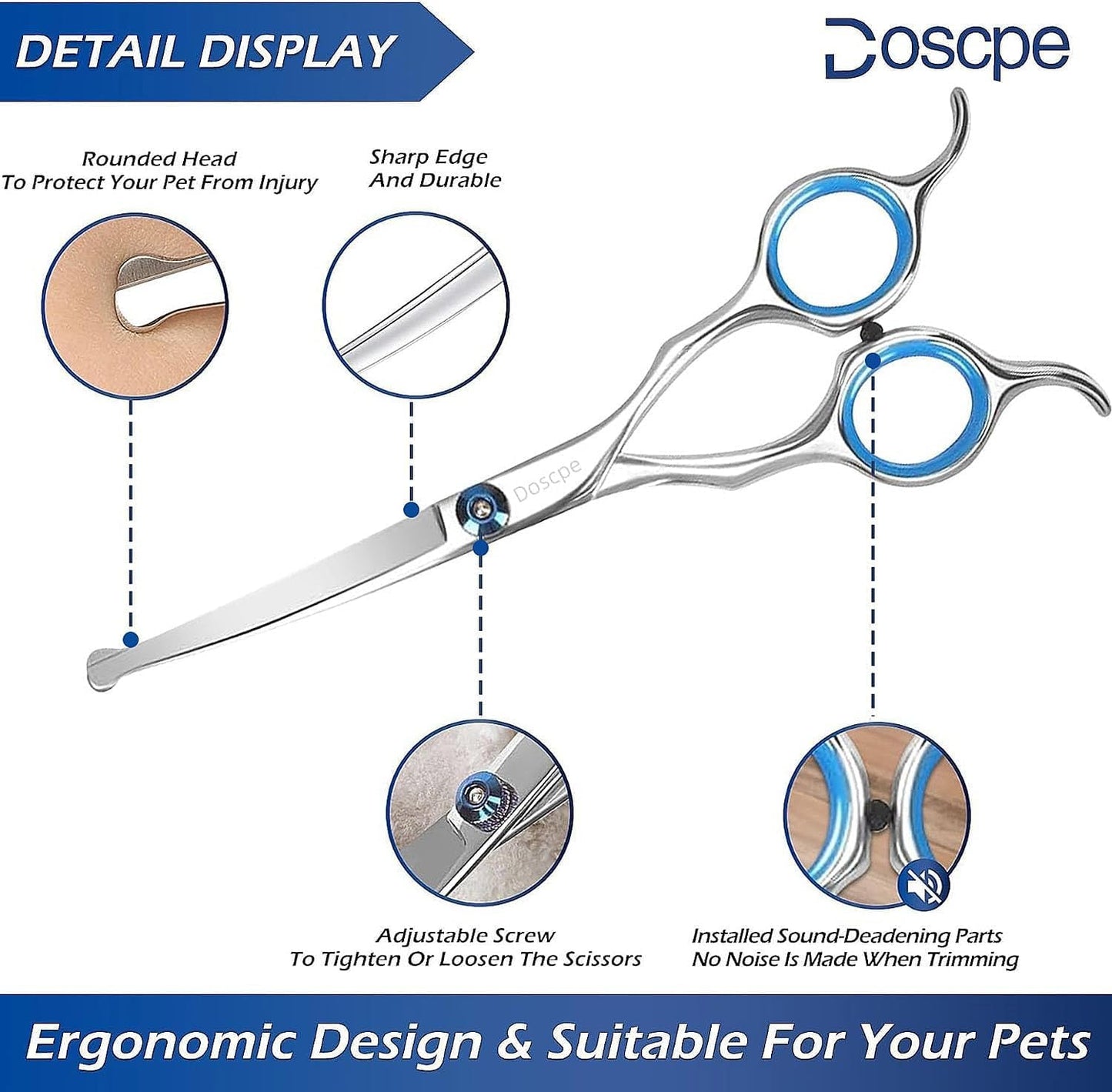 Doscpe 6 in 1 Professional Dog Grooming Scissors Set Pet Hair Cutting Shears Kit, Stainless Steel with Safe Rounded Tips for Dog Cat Other Animals, Right Left Handed