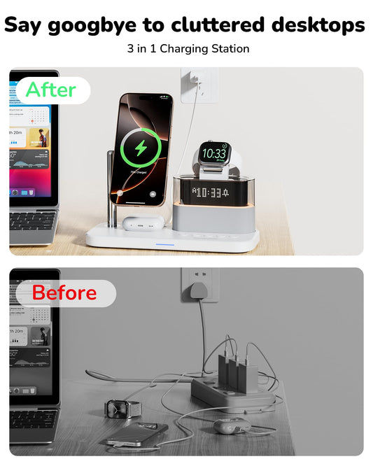 5 in 1 Wireless Charging Station for Apple,Magnetic Charger with Alarm Clock Night Light for Multiple Devices,Nightstand Charging Station Compatible with iPhone 17/16/15/14/13/12,Apple Watch,Air-Pods