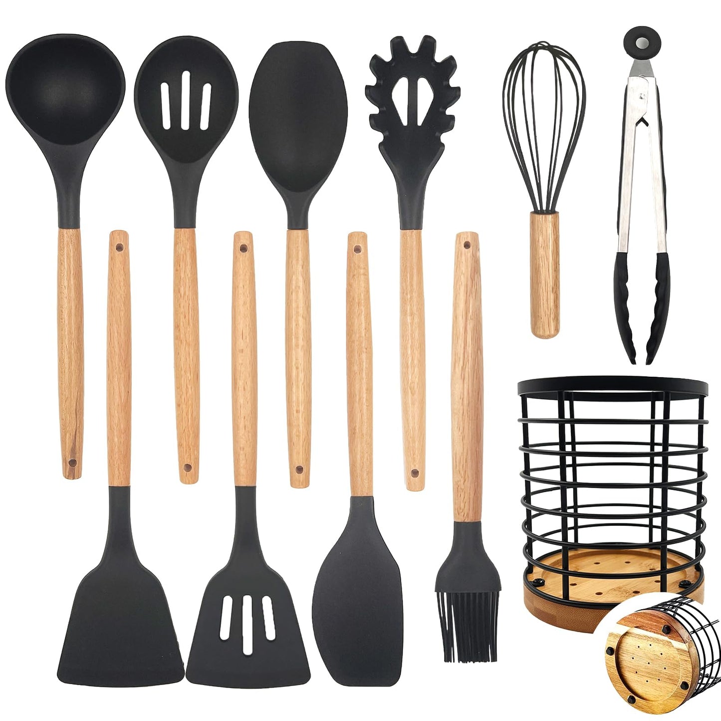 Daily Treasures 12PCS Kitchen Utensils Set,Cooking Utensils Set with Storage Holder,Kitchen Tools Made of Heat Resistant Food Grade Silicone and Wooden Handles for Nonstick Cookware