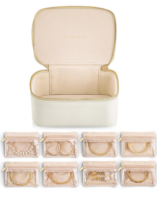 VLANDO Travel Jewelry Case with 8 Velvet Jewelry Bags Jewelry Travel Organizer Box for Girls Jewelry Box for Rings Earrings Christmas Anniversary Birthday Gifts for Women (White)