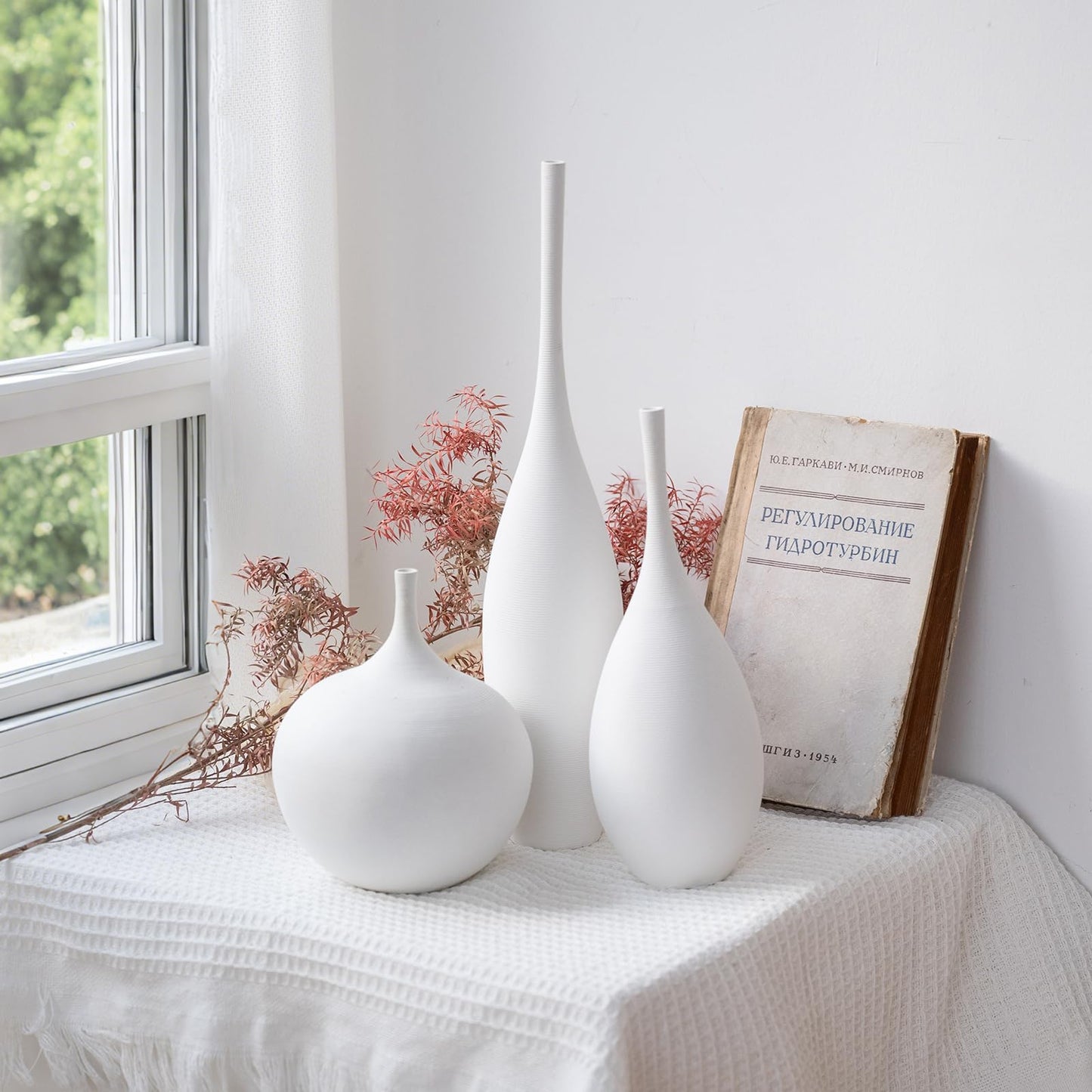 Relexome White Ceramic Vase Modern Boho Wabi-Sabi Flower Vase Set of 3 Decorative Aesthetic Vases for Centerpieces Pampas Matte Minimalist Vases for Living Room Table Shelf Home Decor Gift