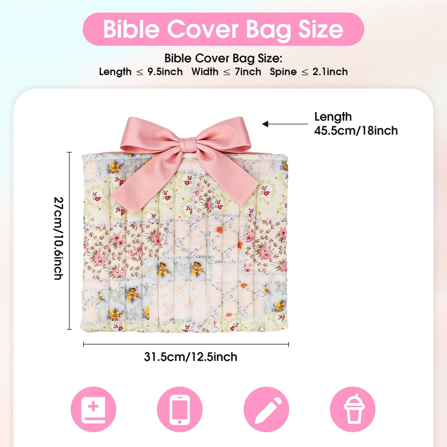 Quilted Bible Cover Case for Women, Pink Floral Bow Bible Carrier Bag, Bible Study Supplies Kit with Tabs Paperclips Highlighters Pens Sticky Notes, Christian Gift Set with Box