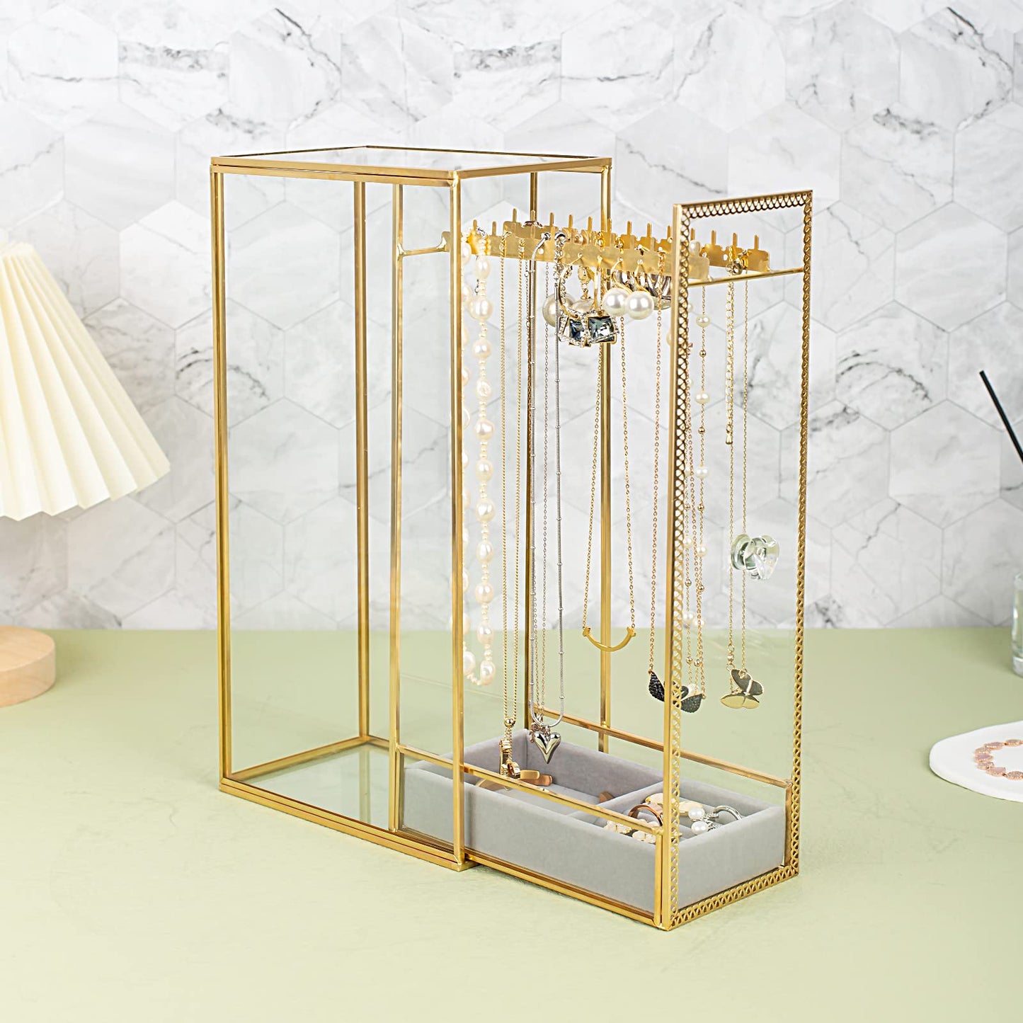 Glass Necklace Organizer Holder, Jewelry Organizer Necklace Holder with Hanging Hooks, Glass Necklaces Display Case for Storage Rings Earrings