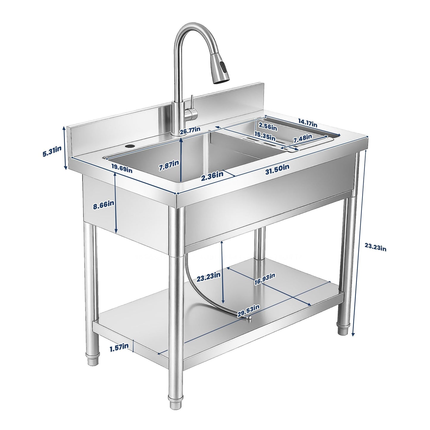 31 Inch Laundry Room Stainless Steel Utility Sink Single Bowl, with Retractable Hot & Cold Faucet, Hose and Drain Kit for Daily Household Use