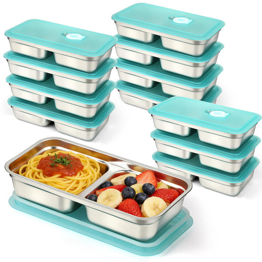 VZZNN 12 Pcs Stainless Steel Snack Containers with Lids, 30 oz Double Compartment Bento Box, Reusable Meal Prep & Lunch Box for Adults, Dishwasher Safe, Leakproof (Metal Divided Container Set)