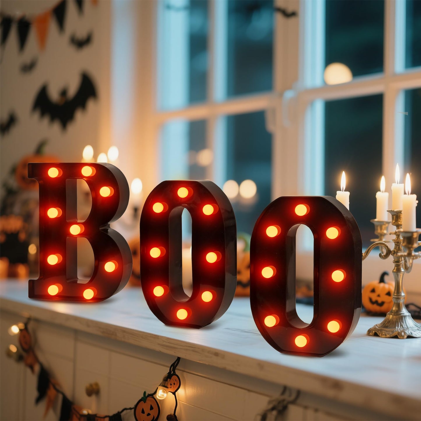 Halloween LED Marquee Letters “BOO” Set - 3 Pcs Black Alphabet Lights with Orange Glow, Perfect for Halloween, Christmas,Birthday Party, Bar Decor, Battery - Operated Ambience Lamps