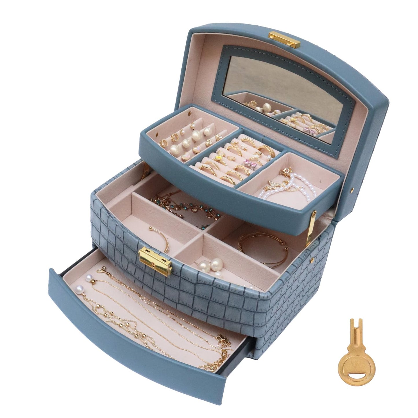 Hmsnyysl Elegant 3 Layer Lockable Jewelry Box for Women – Mirrored Jewelry Organizer with Key & Drawer, Travel Friendly PU Leather Storage Case,Gift for Wife, Mom, Daughter(Blue)
