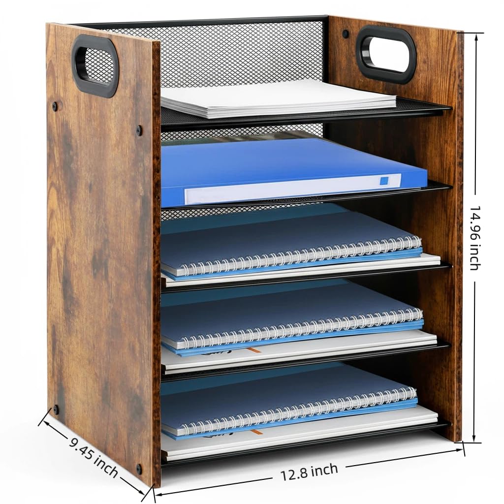 Boershun Wood Desk Organizer - 5-Tier Desktop File Organizer, Wooden Paper Tray, Office Desk Organzier and Accessories for Papers, Mail, Notebooks, Stationery