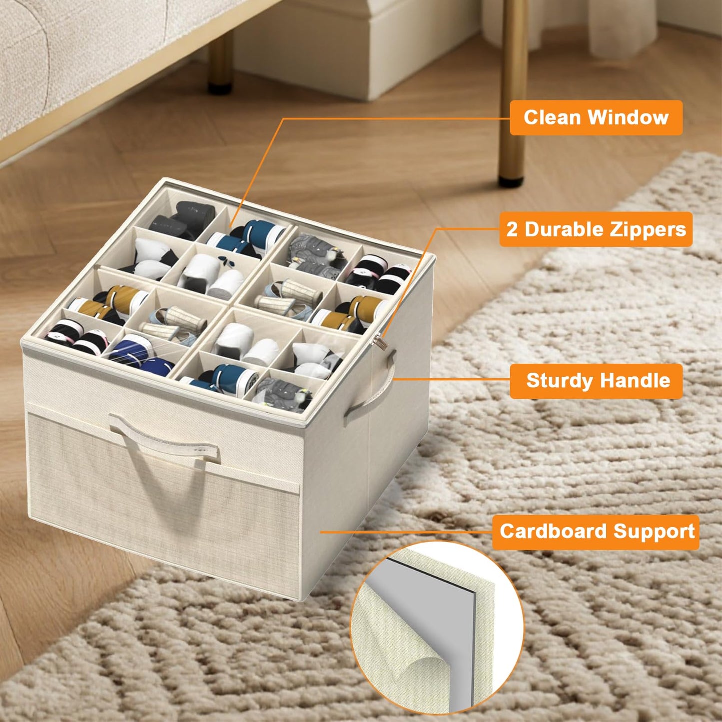 Leosoria Mothers Day Gifts For Mom, Shoe Organizer for Closet, Foldable Shoe Storage Organizer Box Bin with Adjustable Dividers and Clear Cover, Fits up to 16 Pairs (Beige)