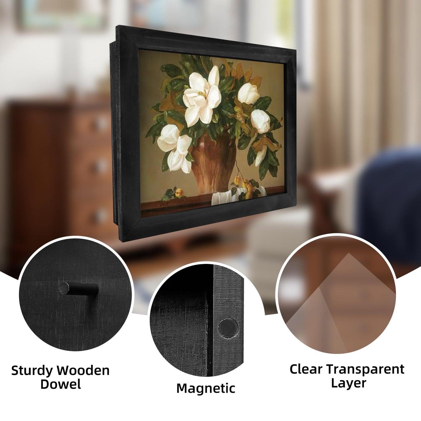 Dononr Hidden Gun Storage, Hidden Gun Safe for Pistols with Magnetic, Wooden Picture Frames for Handgun, Hidden Storage Gun Safe Home Furniture, Concealment Furniture Picture Frame Box, Black