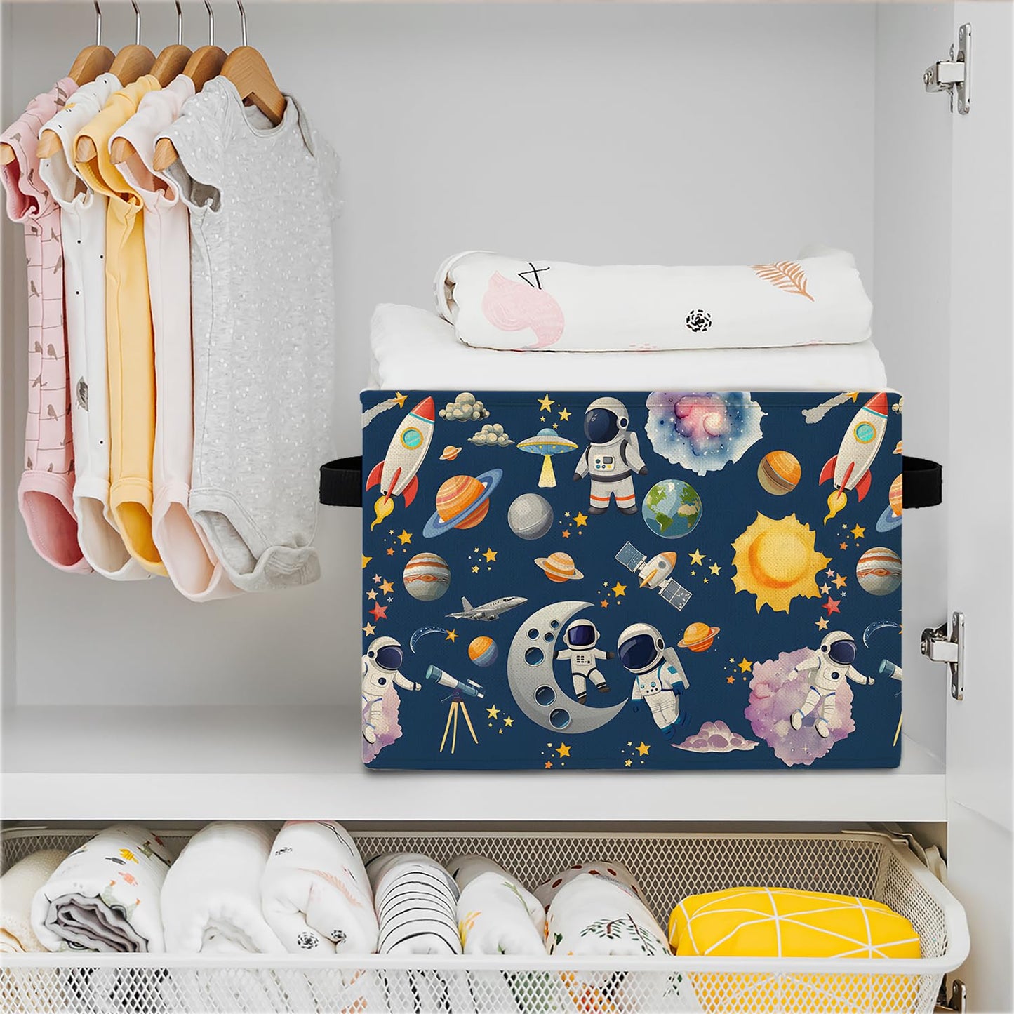 Elefeltclave Space Planet Nursery Storage Bins Rocket Astronaut Galaxy Storage Basket Organizer for Classroom Kids Room Nursery Playroom Clothes Toys Books,Toybox for Girls，Space Themed Bedroom Decor