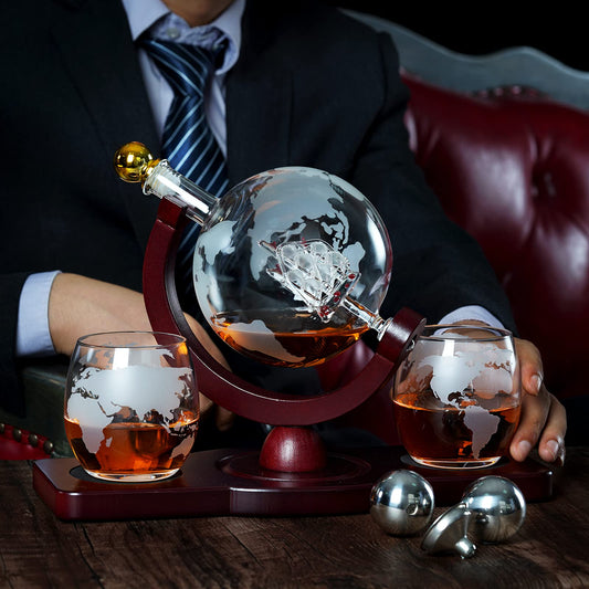 PONPUR Gifts for Men Dad Valentines Day, Whiskey Decanter Globe Set with 2 Ball Stones & 2 Glasses, Anniversary Birthday Gifts for Him Husband Boyfriend Brother, Cool Stuff Gift for Bourbon Scotch