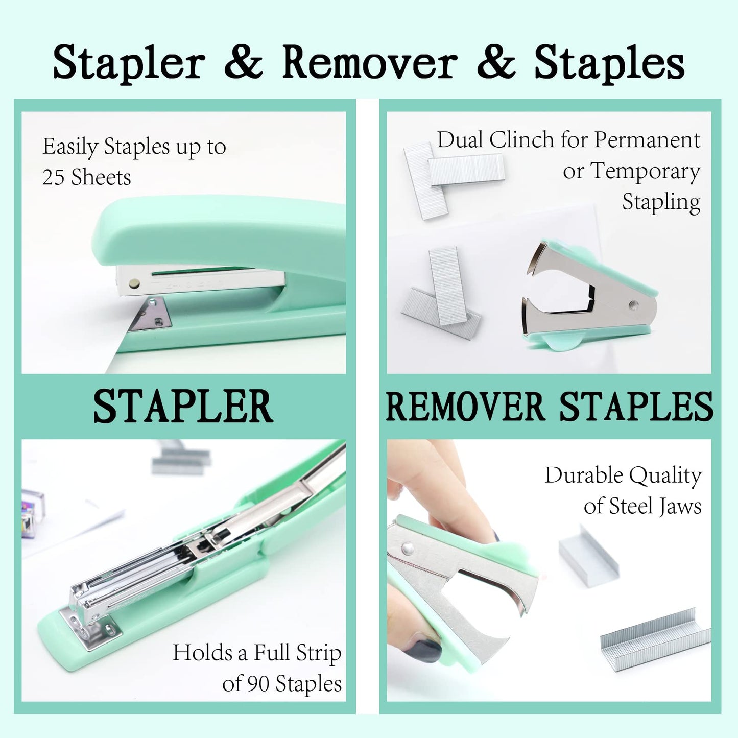 Green Office Supplies,UPIHO Teal Desk Accessories,Stapler and Tape Dispenser Set for Women with Stapler,Tape Dispenser,Staple Remover, Staples, Clips, Scissor and Tabs for Students, Office Clerks