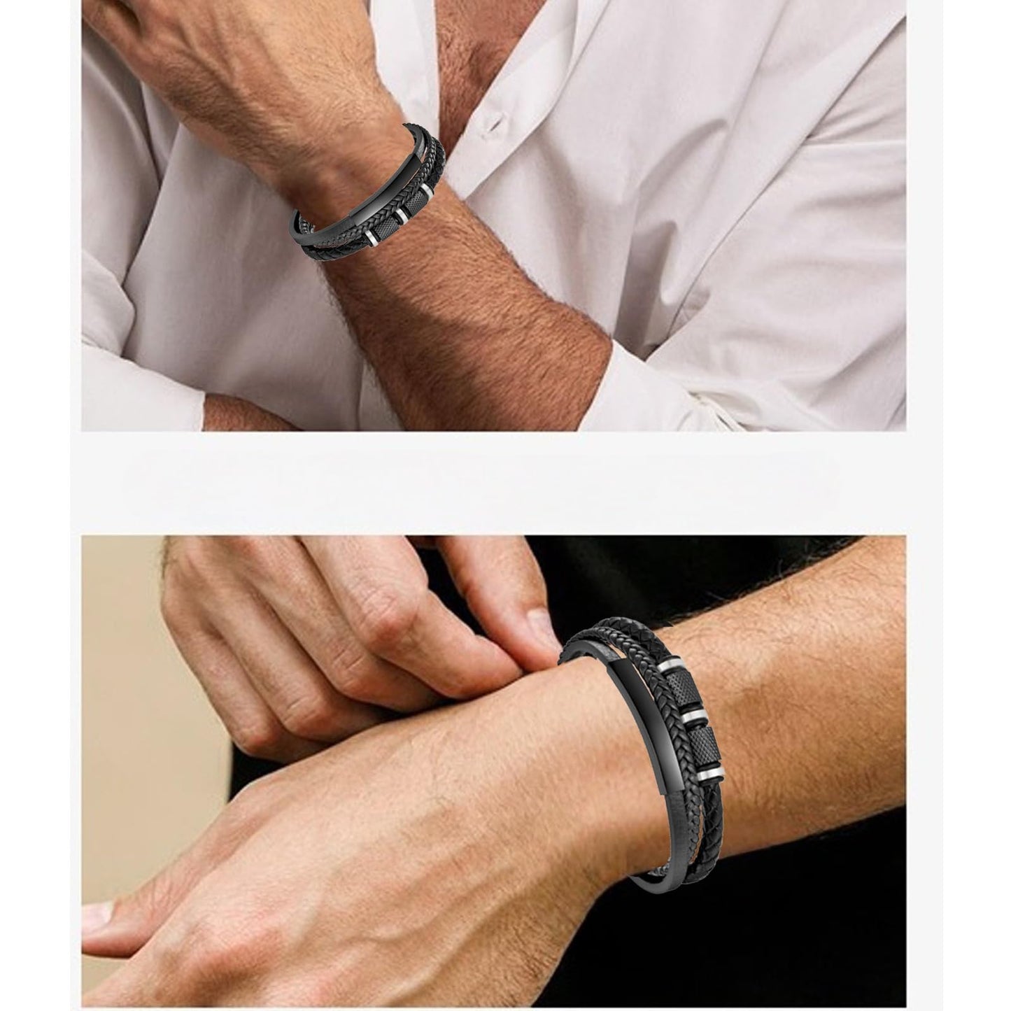 Mens Leather Bracelet, Leather Bracelet For Men, Multi-Layer Braided Leather Mens Bracelet with Stainless Steel Clasp, Perfect or Dad, Husband, Son, Grandson, Nephew, Comes With Gifts Box(Black)