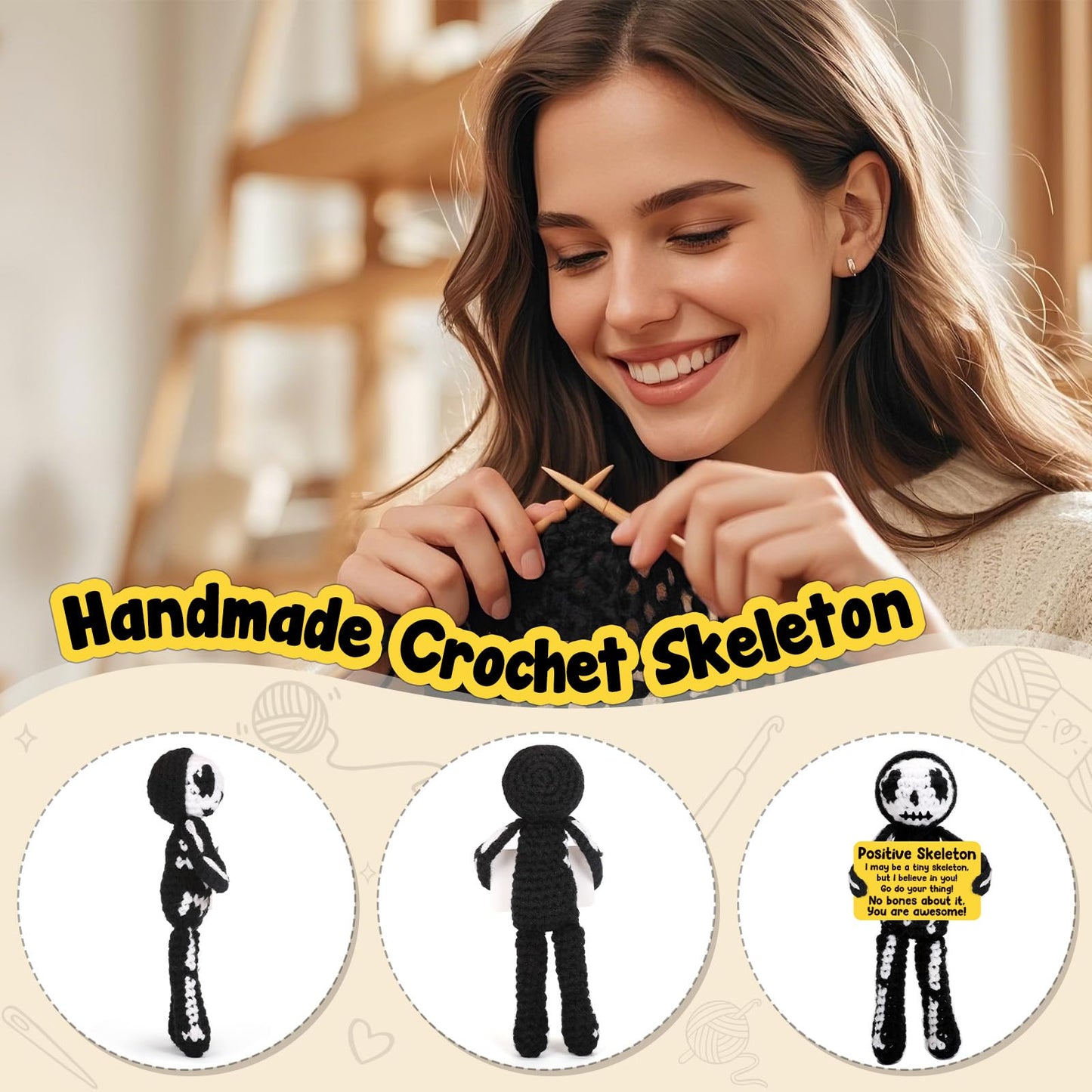 Hweijm Positive Skeleton Skull Christmas Stocking Stuffer Crochet Gag Gift, Spooky Cute Mini Collectible for Teens Women Men Friends, White Elephant Exchange, Secret Santa Gift, Skeleton Desk Decor