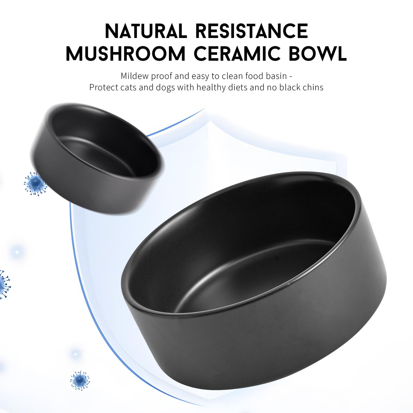 Mowtanco Black Ceramic Dog & Cat Bowl Set – 13.5 OZ with Wooden Stand, Non-Slip, Elevated Design for Small Dogs & Cats – 2 Bowls (Food & Water, Ceramic Pet Bowls, Modern Dog Bowls)